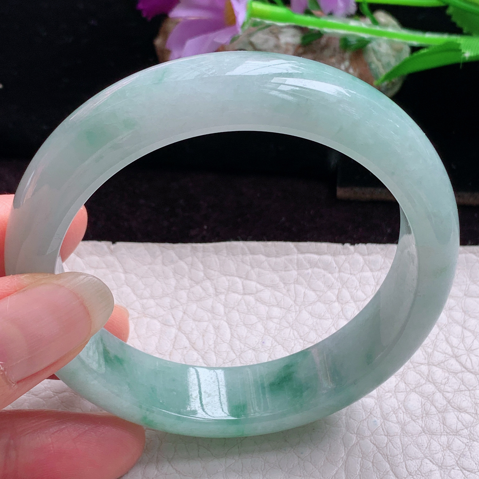 hy实拍57.8*14.5*8.3平安镯 天然缅甸翡翠手镯胶感飘花正圈玉镯子