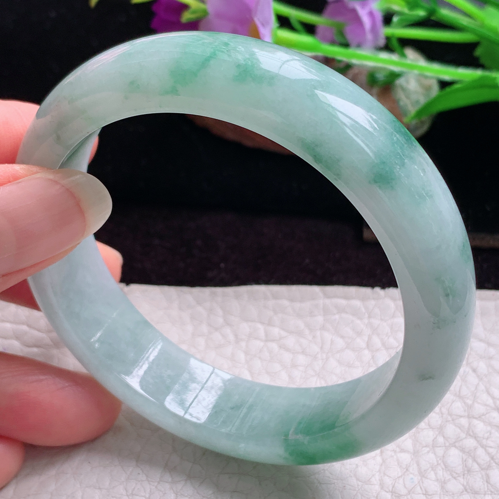 hy实拍57.8*14.5*8.3平安镯 天然缅甸翡翠手镯胶感飘花正圈玉镯子