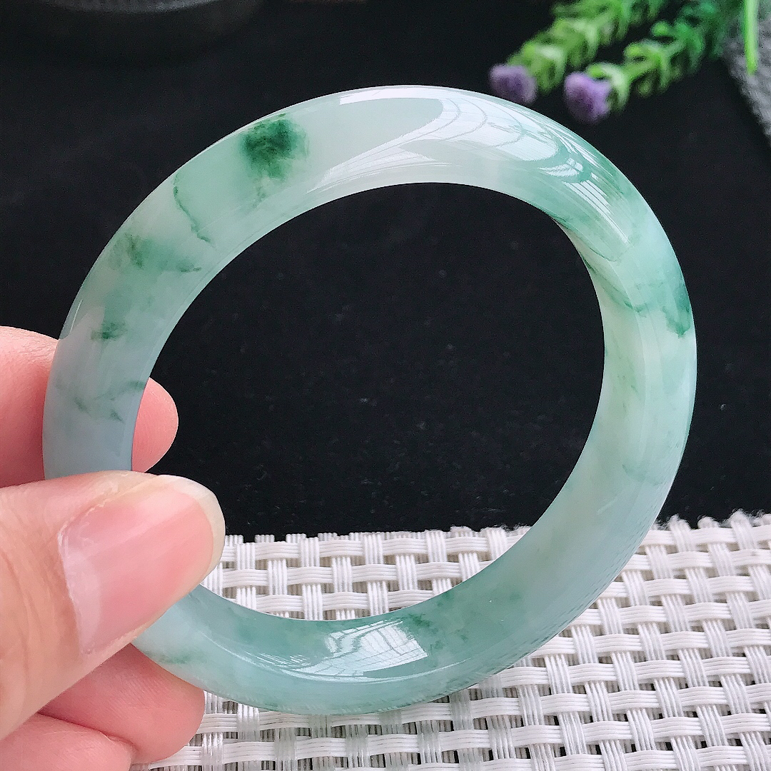 实拍A货翡翠55.5/12.8/8.6老坑精美冰润冰飘花手镯翡翠玉镯手环