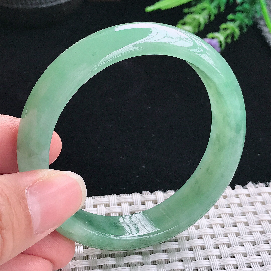 实拍A货翡翠56/14.2/7.8老坑冰胶满绿手镯翡翠玉镯手环