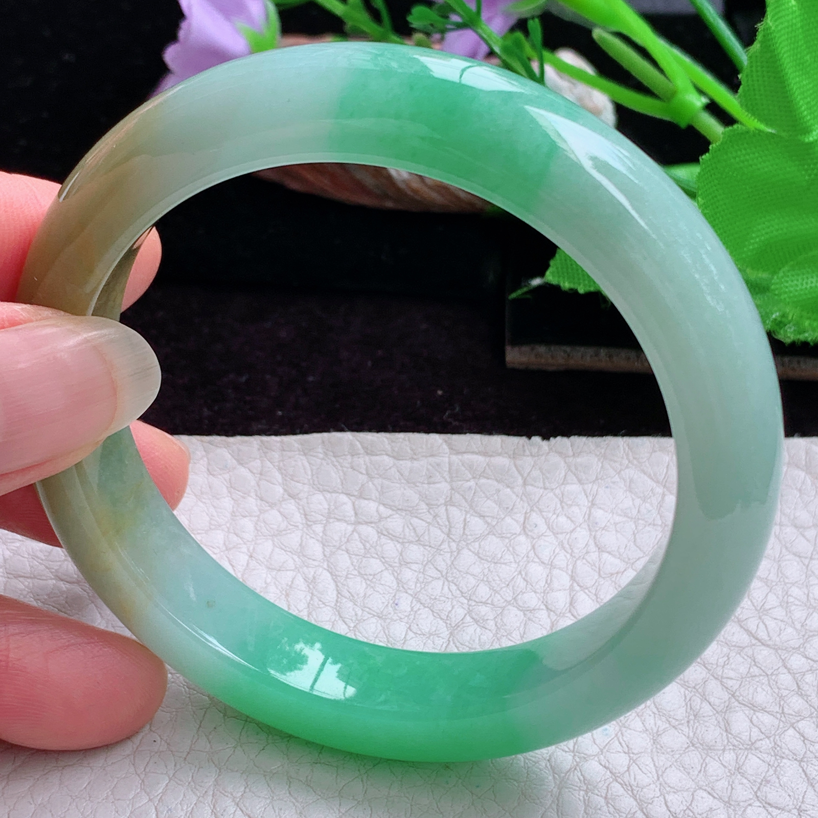 h实拍56*11.6*8.6招财镯 天然缅甸翡翠手镯冰胶三彩正圈玉镯子