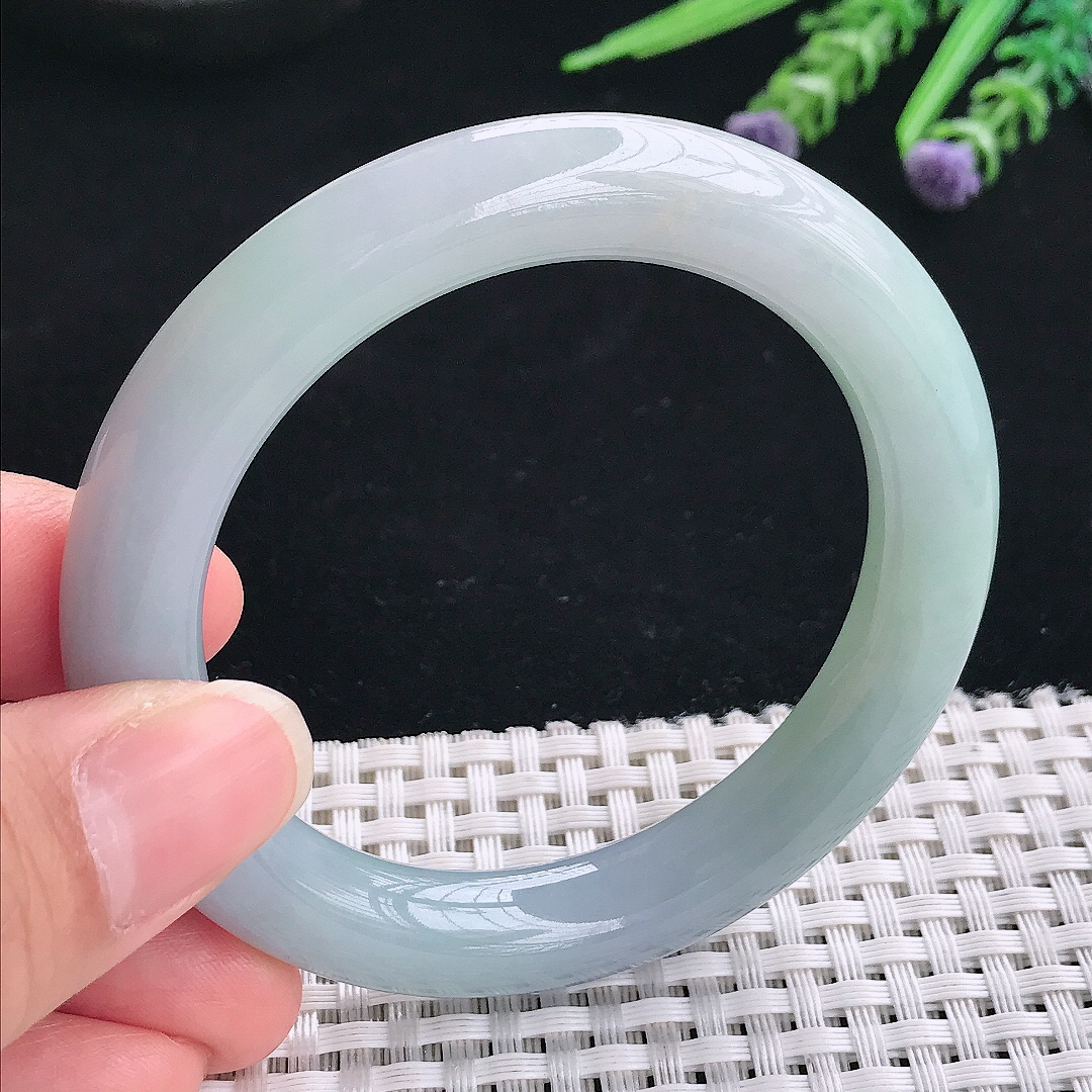 实拍A货翡翠53.5/10.1/10老坑冰胶果冻紫罗兰圆条手镯翡翠玉镯手环