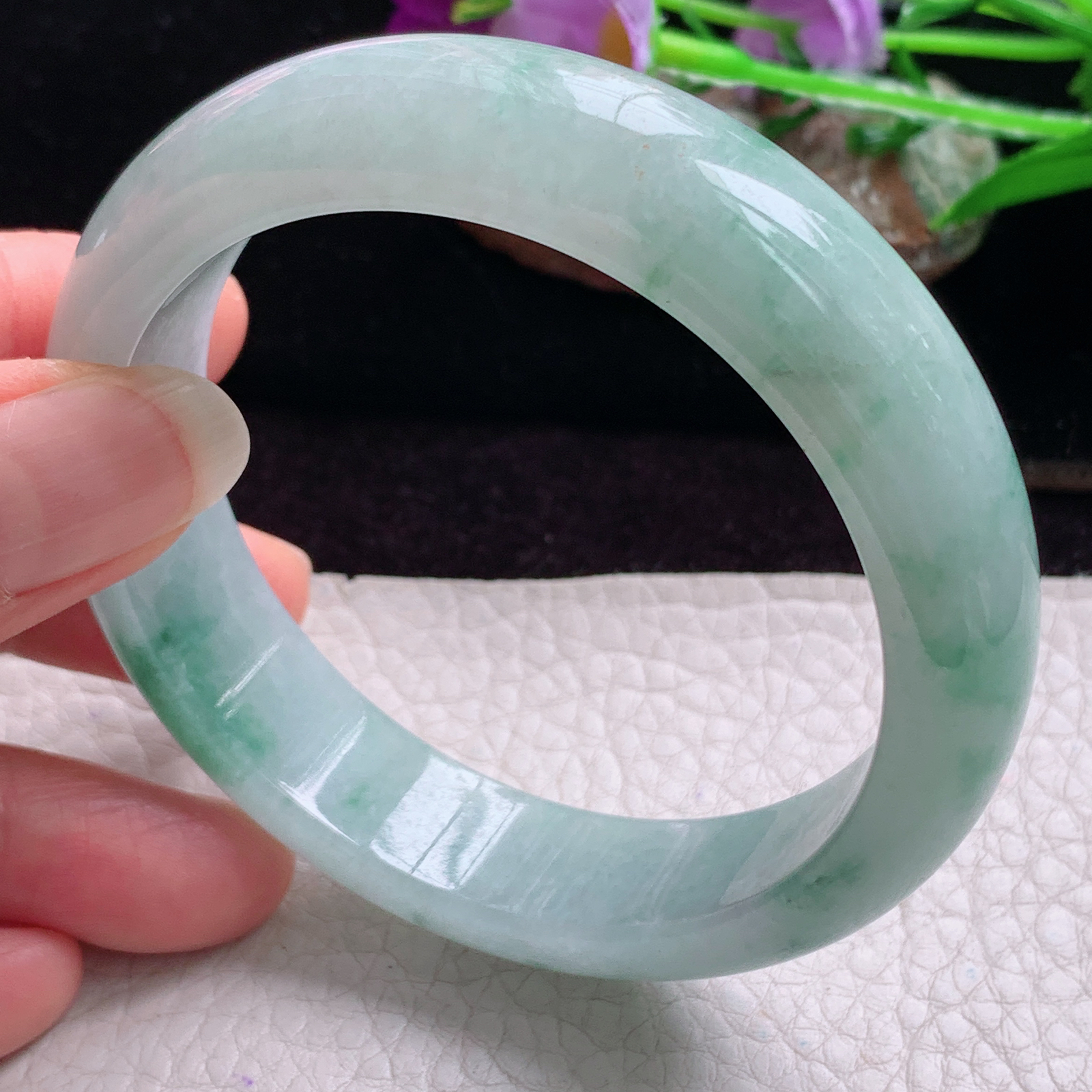 hy实拍57.8*14.5*8.3平安镯 天然缅甸翡翠手镯胶感飘花正圈玉镯子