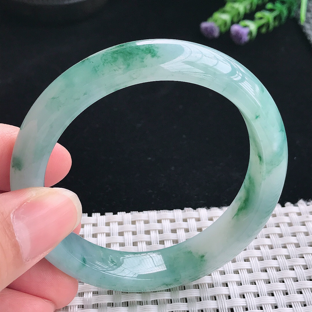 实拍A货翡翠55.5/12.8/8.6老坑精美冰润冰飘花手镯翡翠玉镯手环