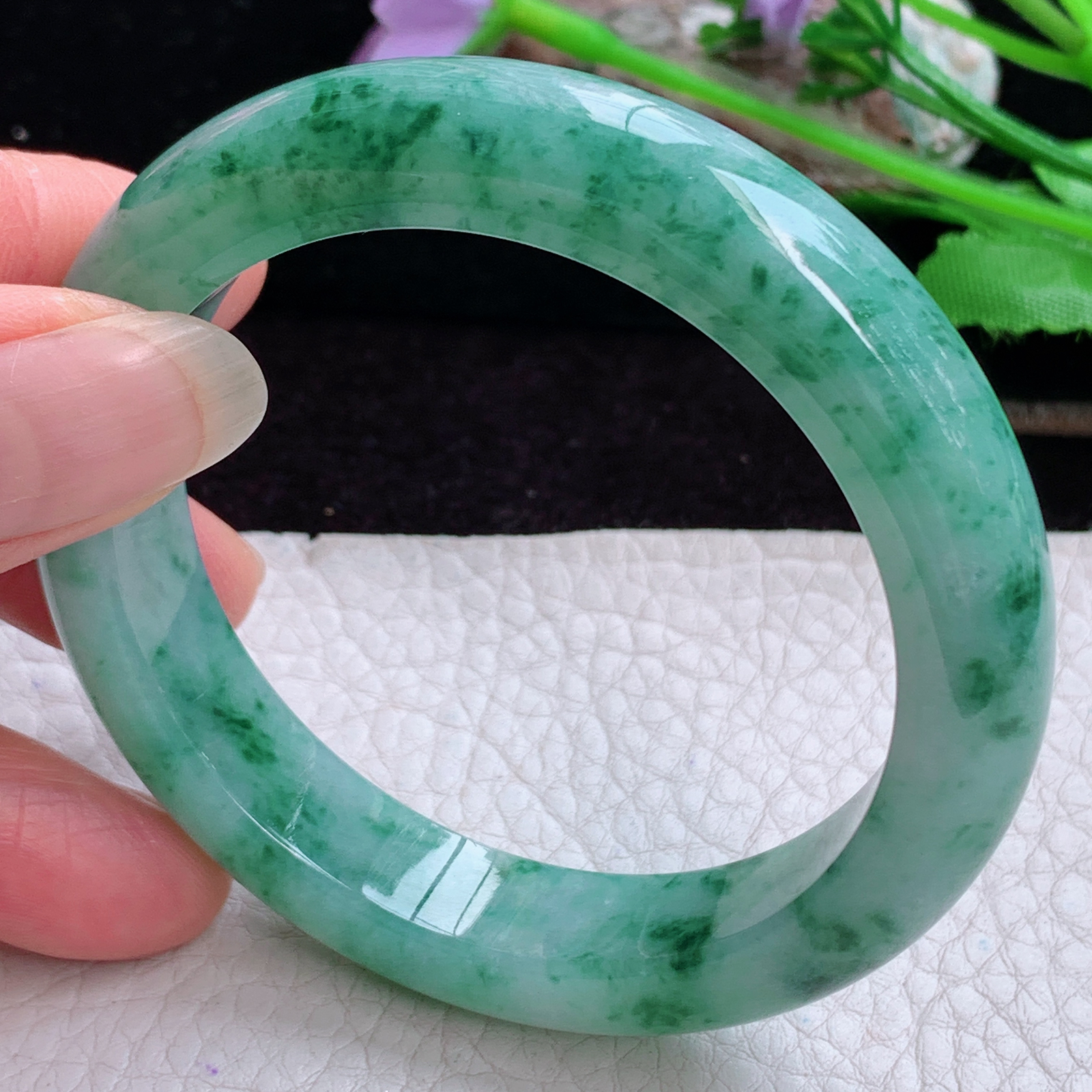 pj实拍54*12*8.5平安镯 天然缅甸翡翠手镯飘花正圈玉镯子