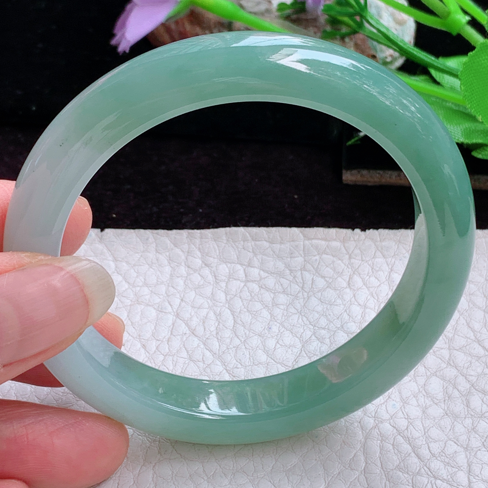 js实拍55*10.8*8.3招财镯 天然缅甸翡翠手镯半山水双彩正圈玉镯子