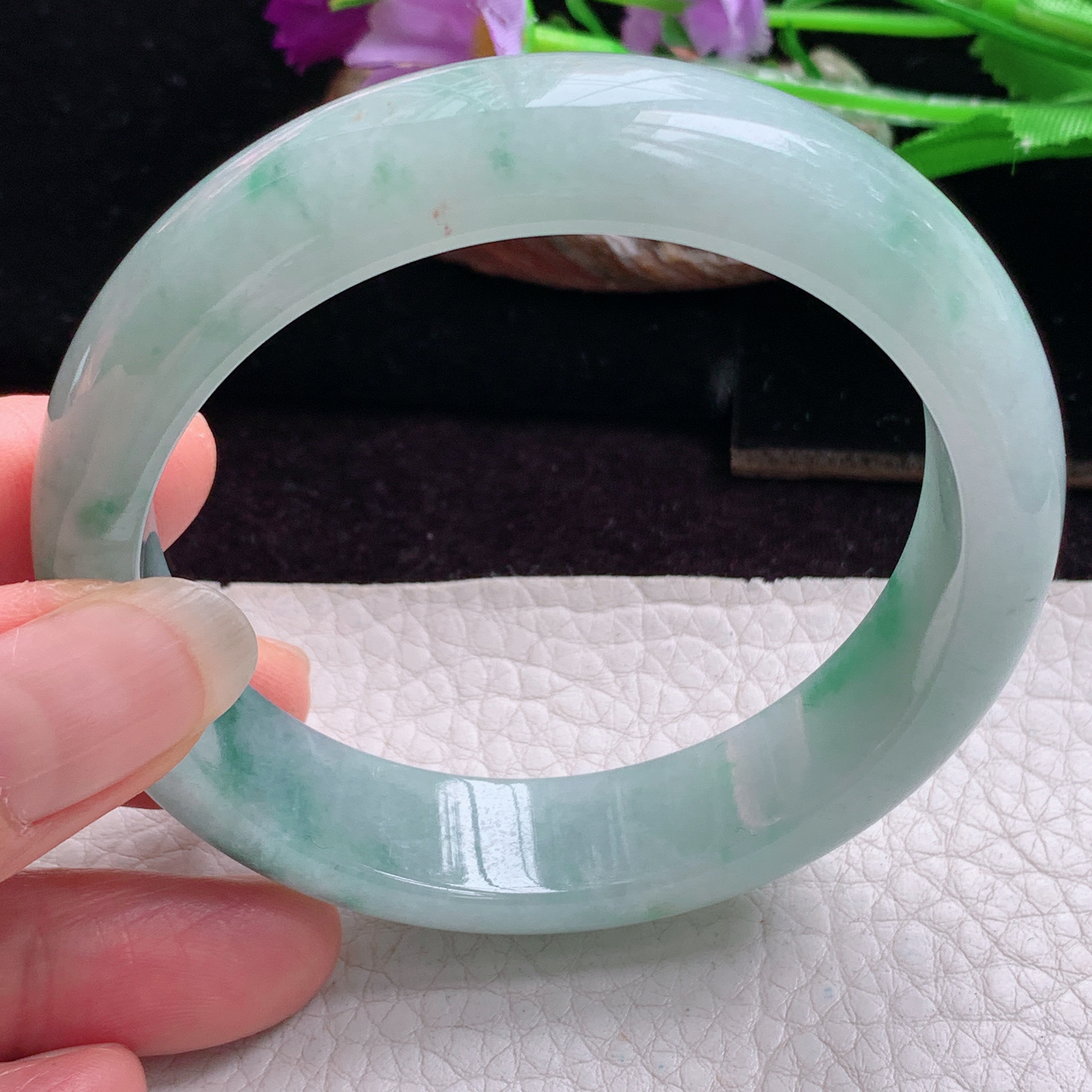 hy实拍57.8*14.5*8.3平安镯 天然缅甸翡翠手镯胶感飘花正圈玉镯子