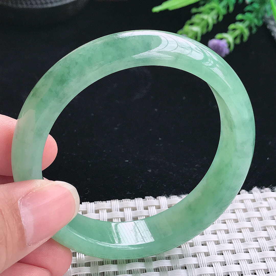 实拍A货翡翠56/14.2/7.8老坑冰胶满绿手镯翡翠玉镯手环