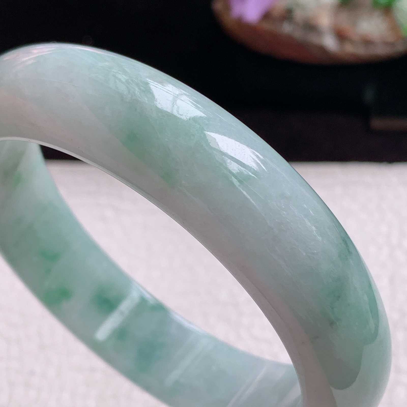 hy实拍57.8*14.5*8.3平安镯 天然缅甸翡翠手镯胶感飘花正圈玉镯子