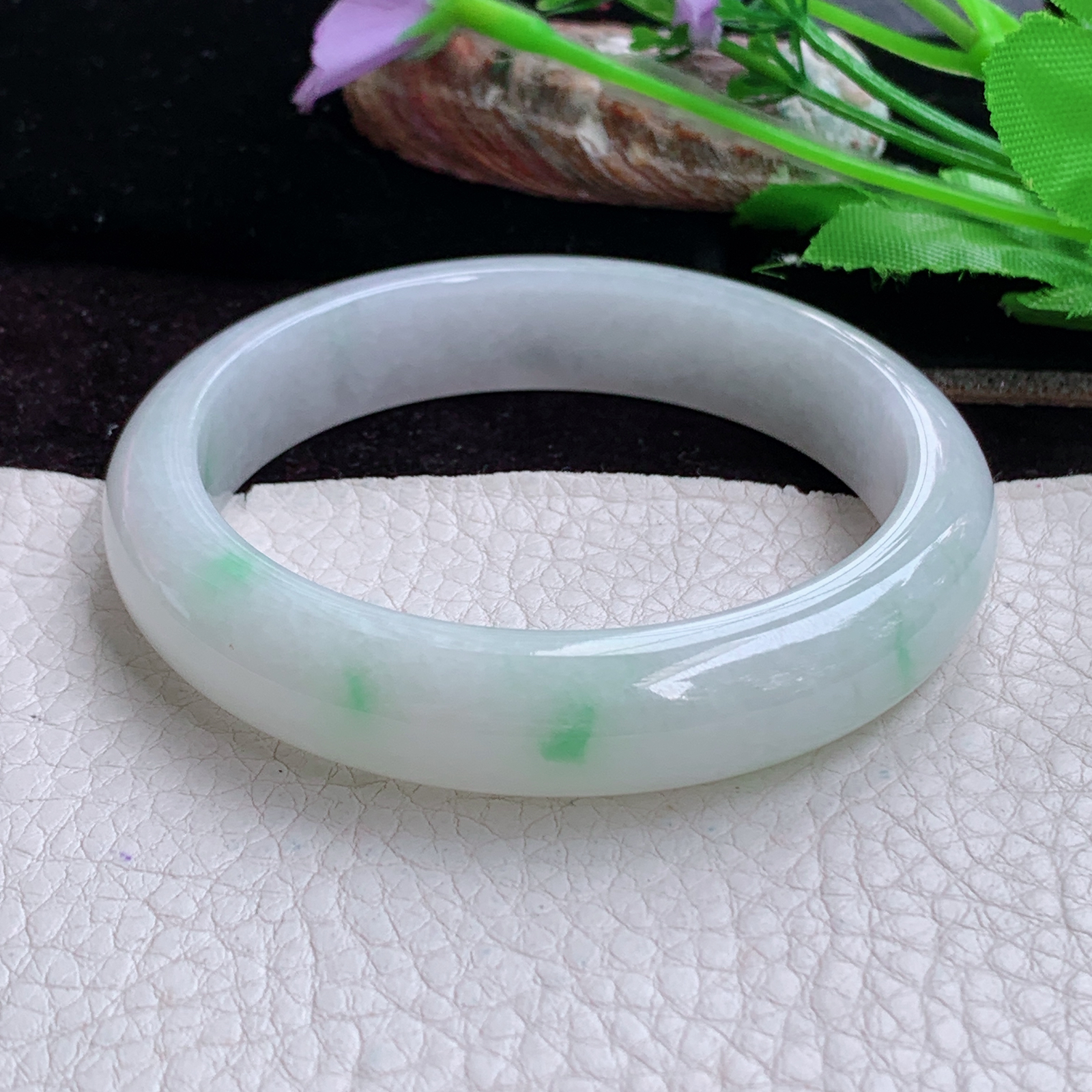 fl实拍58*13*9平安镯 天然缅甸翡翠A货玉手镯冰飘绿花正圈玉镯子