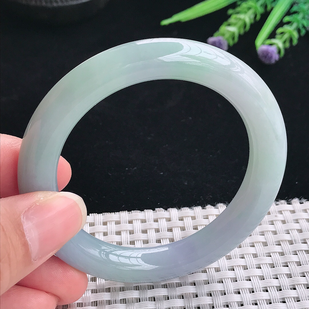 实拍A货翡翠53.5/10.1/10老坑冰胶果冻紫罗兰圆条手镯翡翠玉镯手环