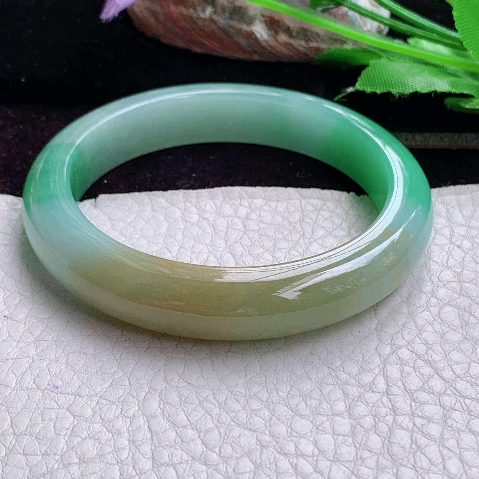 h实拍56*11.6*8.6招财镯 天然缅甸翡翠手镯冰胶三彩正圈玉镯子