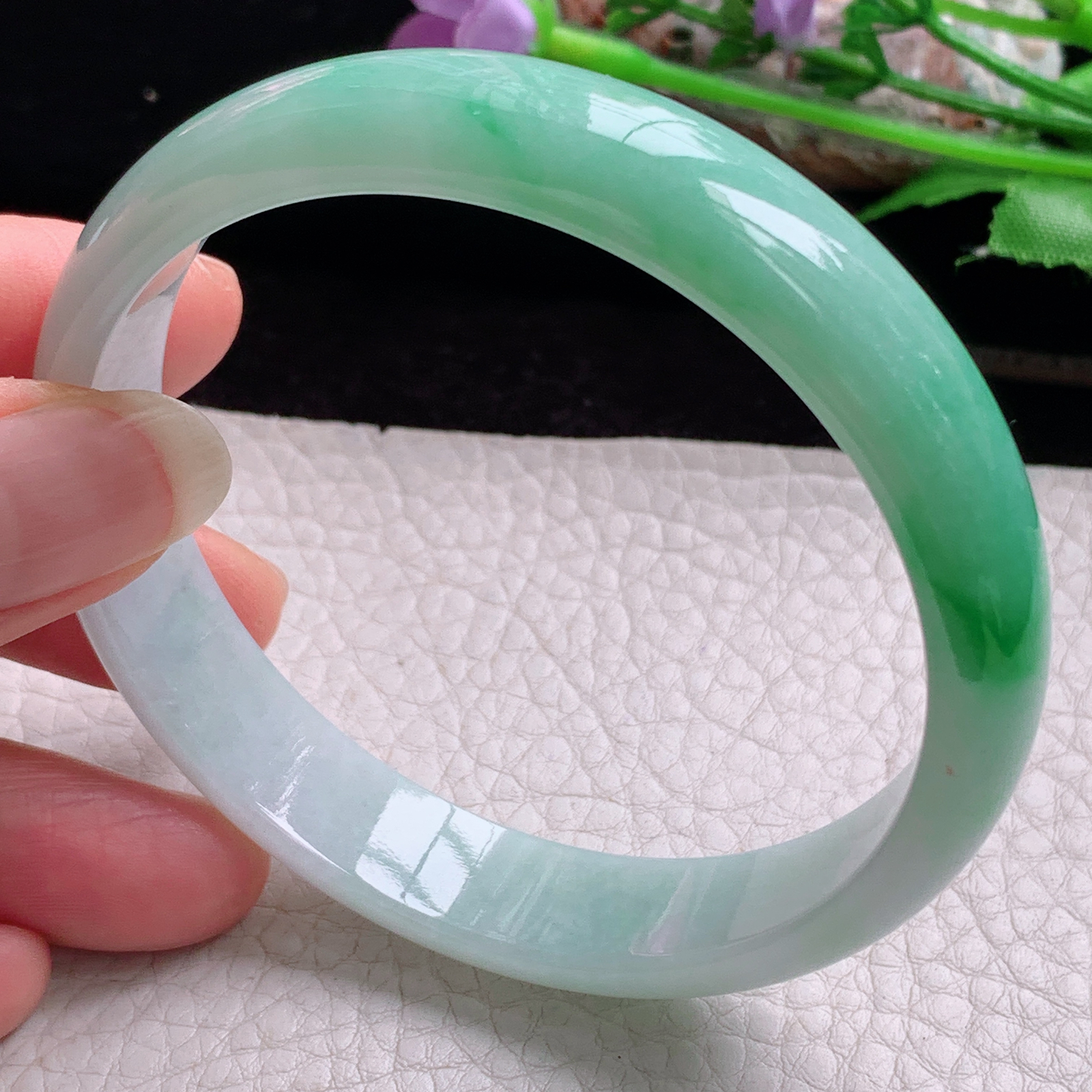 hy大圈口61.5*13*6.3平安镯 天然缅甸翡翠手镯胶感飘阳绿正圈玉镯子