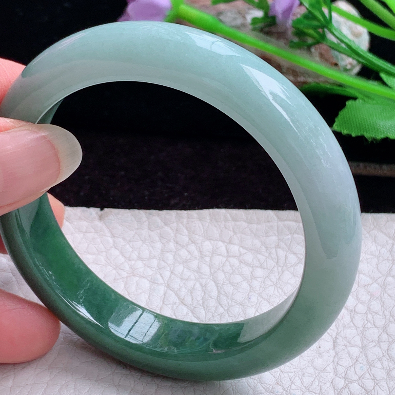 js实拍53.6*12*8.2招财镯 天然缅甸翡翠手镯双彩正圈玉镯子