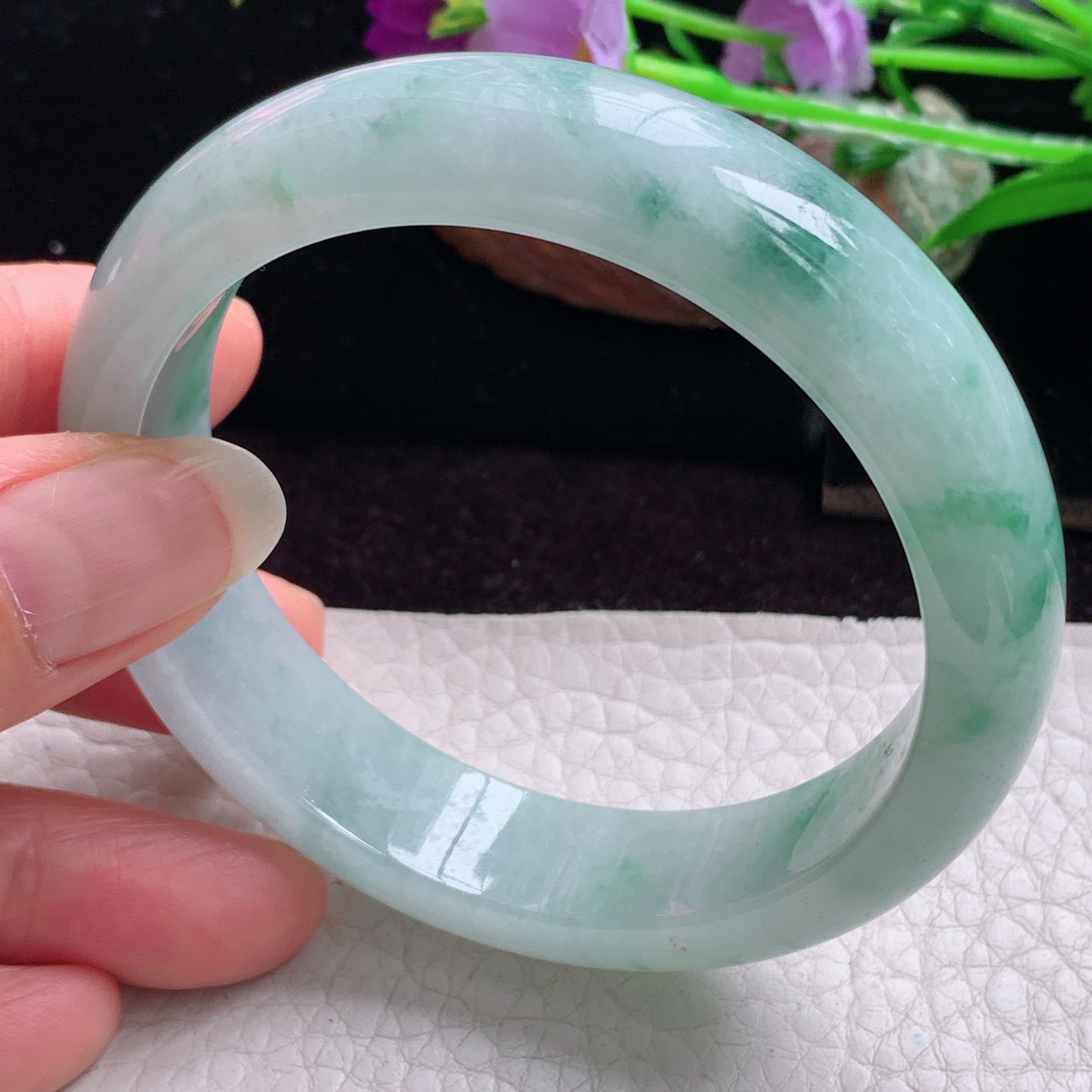 hy实拍57.8*14.5*8.3平安镯 天然缅甸翡翠手镯胶感飘花正圈玉镯子