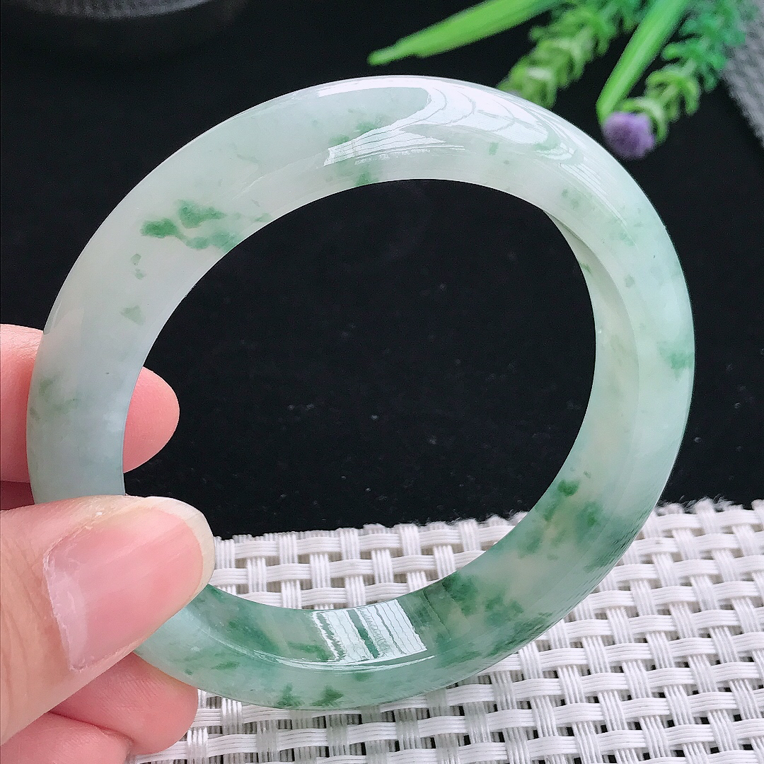 实拍A货翡翠57.9/12.6/9老坑冰胶果冻冰飘花手镯翡翠玉镯手环