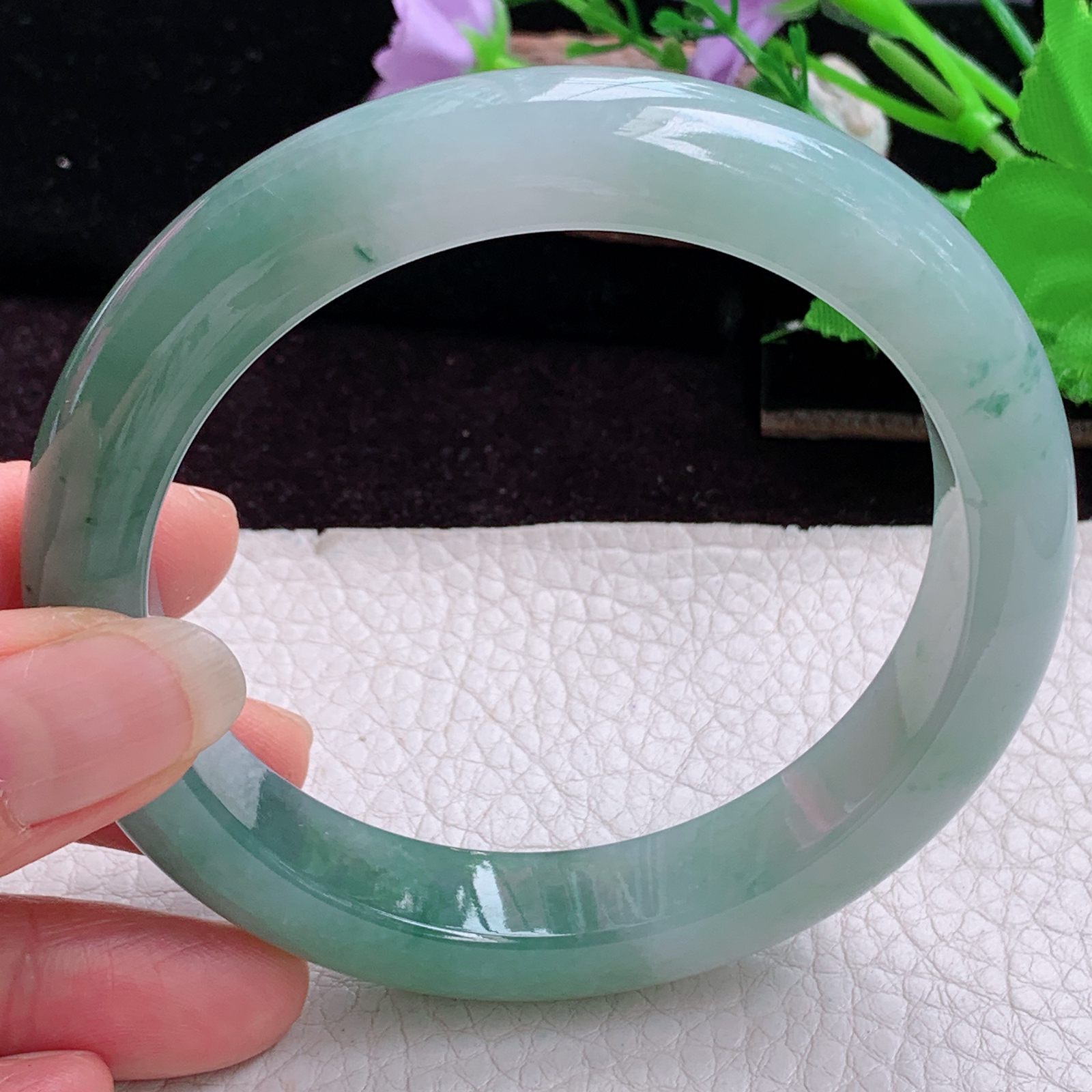 xc大圈口63.8*13*10招财镯 天然缅甸翡翠手镯冰胶半山水正圈玉镯子