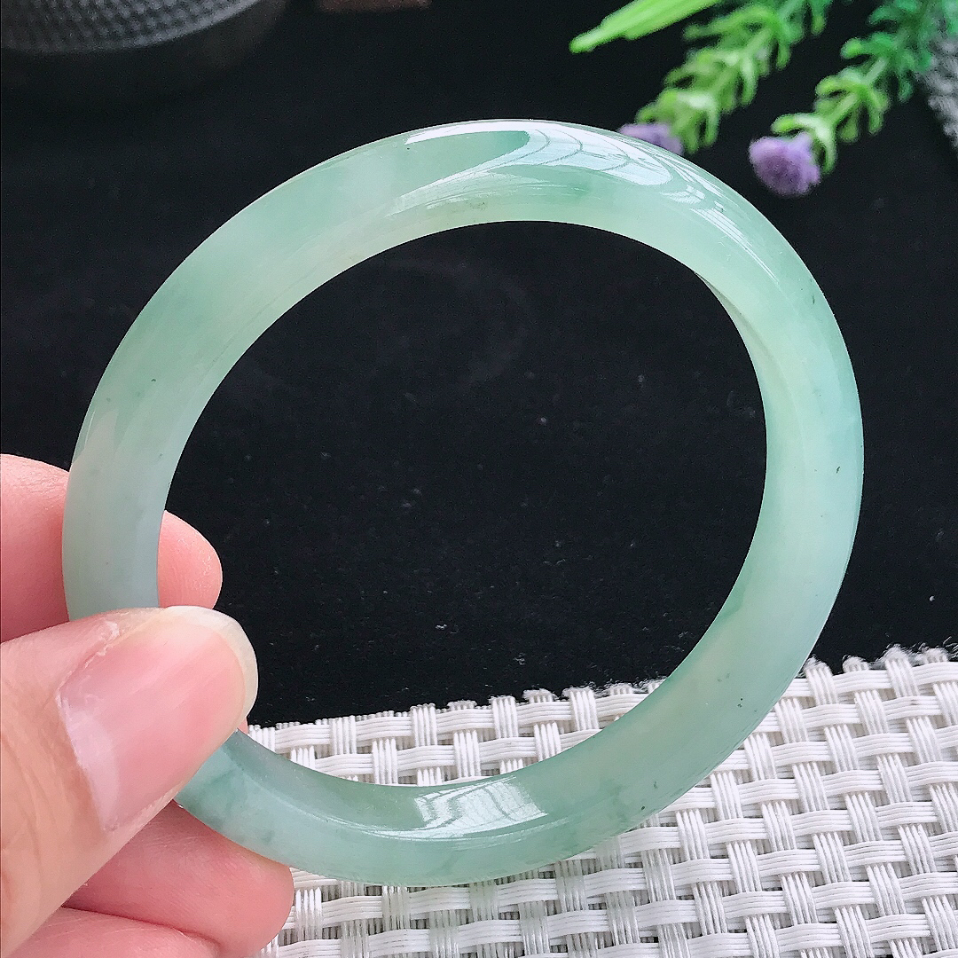 实拍A货翡翠57.5/9.6/7.5老坑冰胶水灵晴绿手镯翡翠玉镯手环