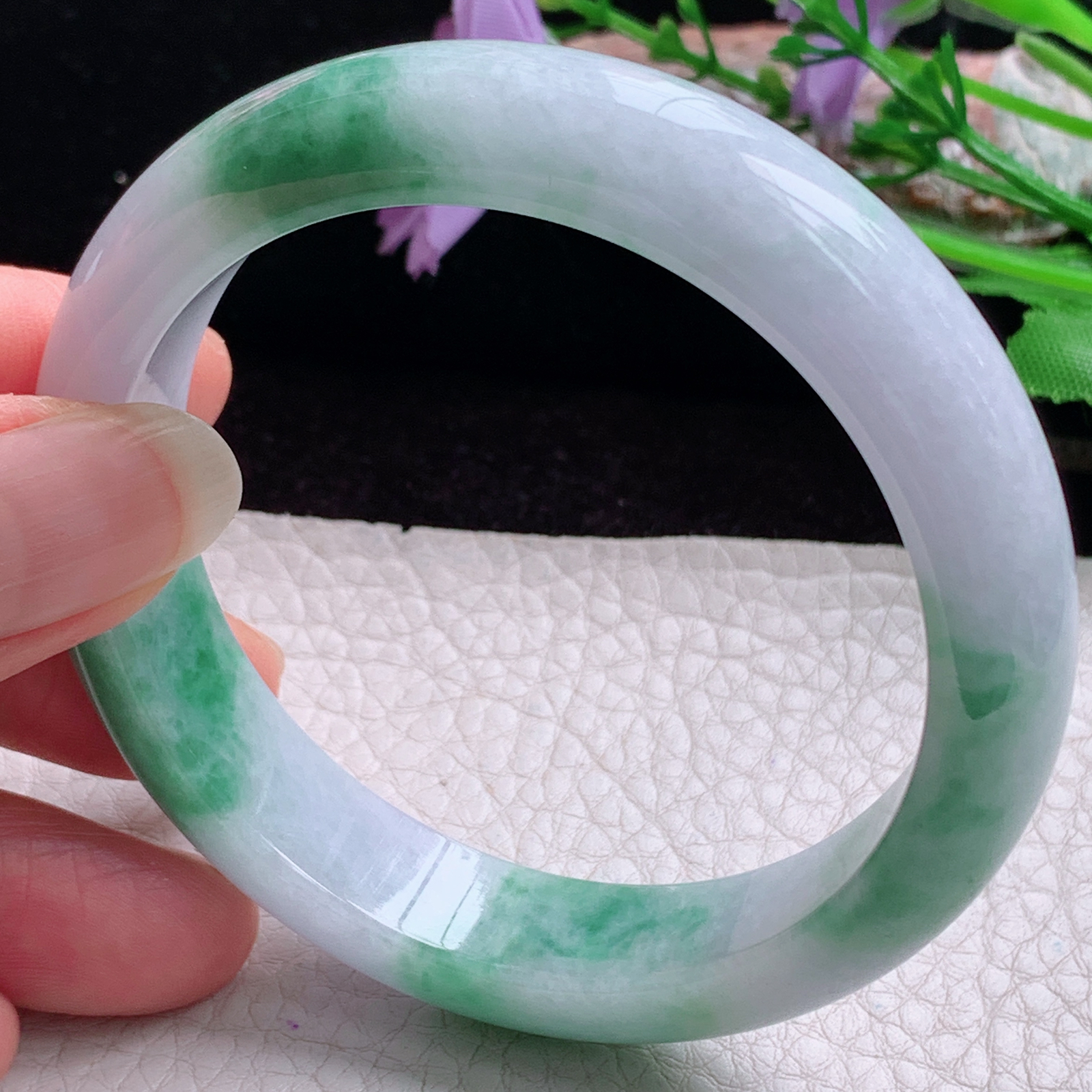 hy实拍56*13*8平安镯 天然缅甸翡翠手镯胶感飘花正圈玉镯子