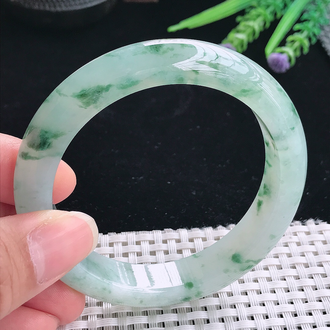 实拍A货翡翠57.9/12.6/9老坑冰胶果冻冰飘花手镯翡翠玉镯手环