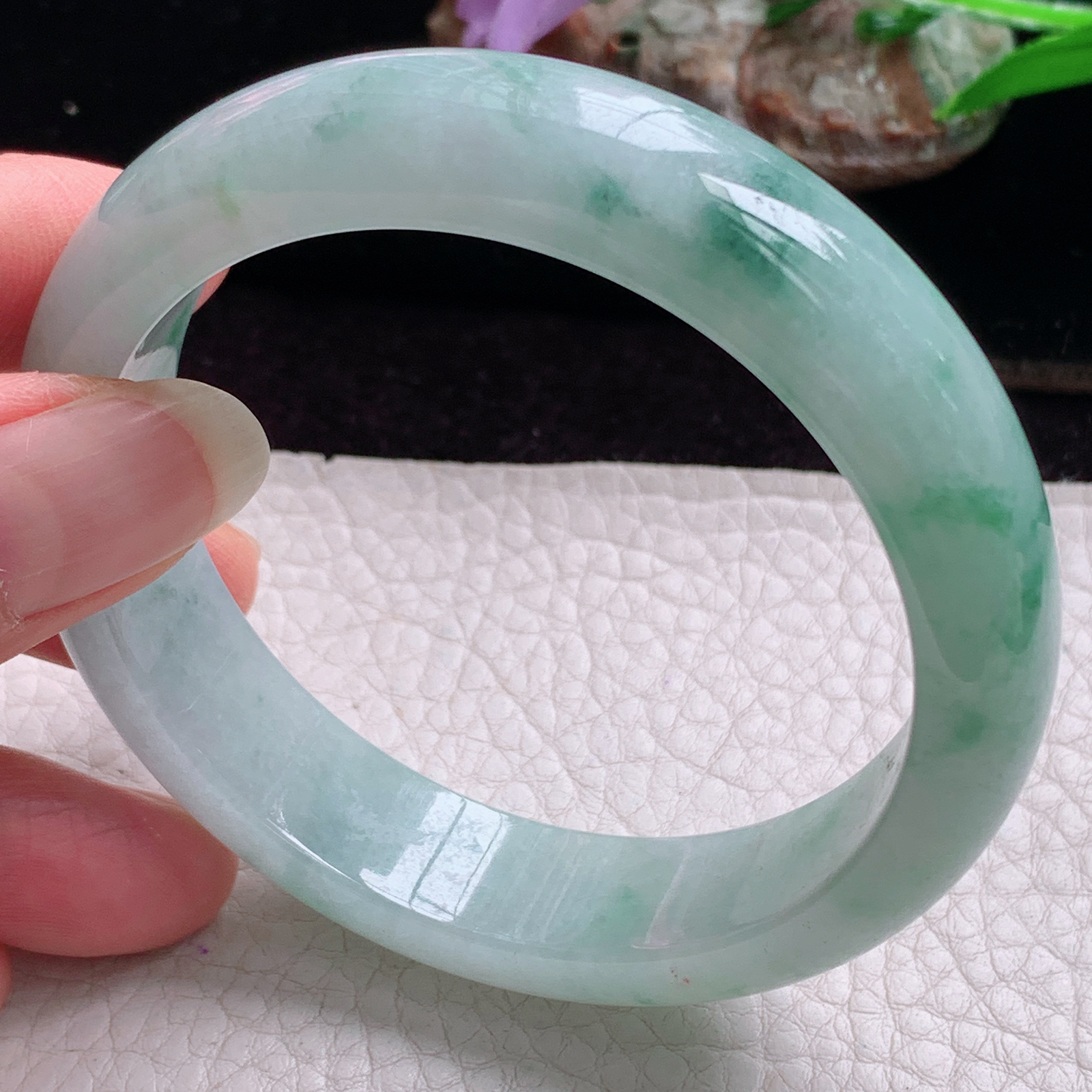 hy实拍57.8*14.5*8.3平安镯 天然缅甸翡翠手镯胶感飘花正圈玉镯子