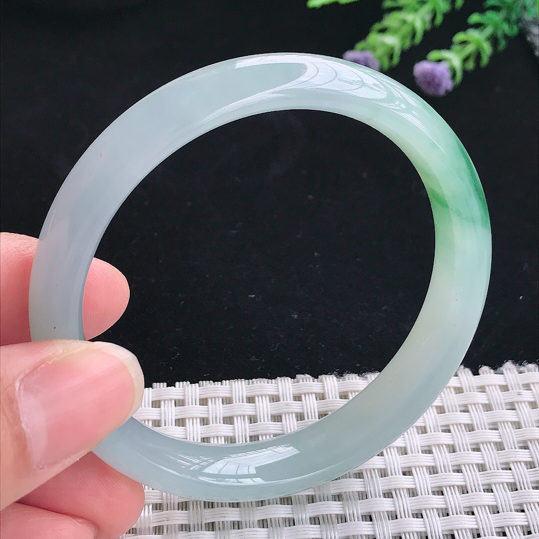 实拍A货翡翠56.9/12.1/7.5老坑冰胶果冻冰飘花手镯翡翠玉镯手环