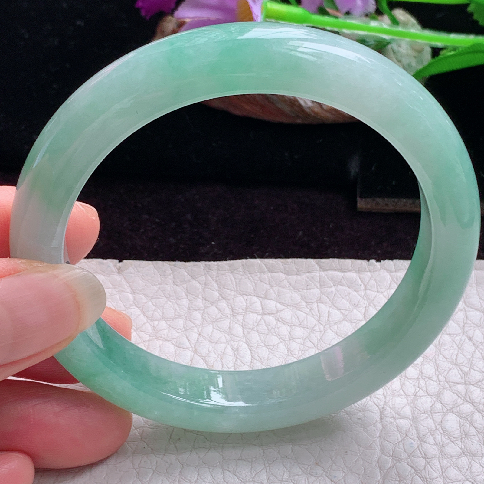 hy实拍57.5*11.3*8平安镯 天然缅甸翡翠手镯冰胶飘花正圈玉镯子