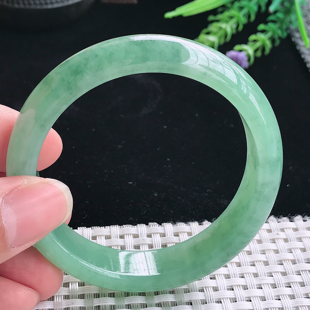 实拍A货翡翠56/14.2/7.8老坑冰胶满绿手镯翡翠玉镯手环