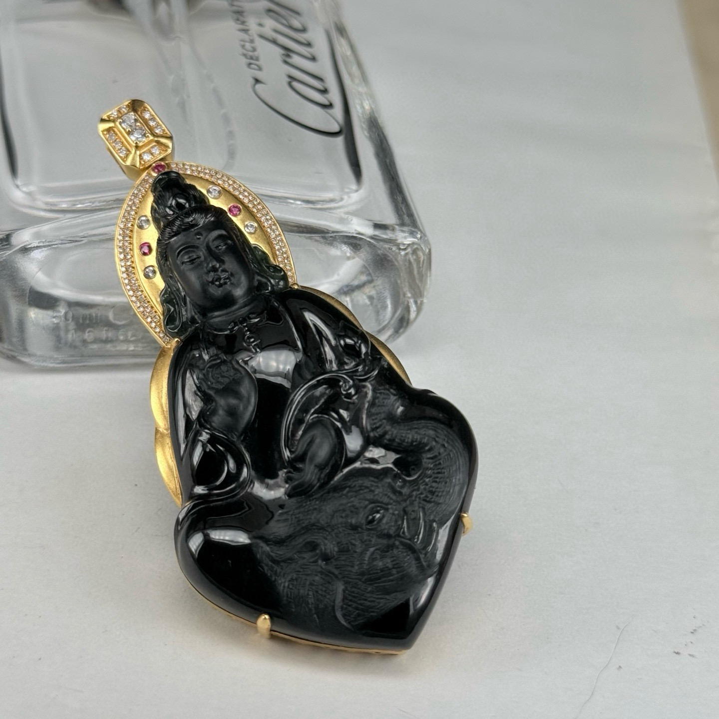 精品18k墨翠普贤菩萨 种好色正 黑度极好 打灯通透 油性十足 尺寸75.3