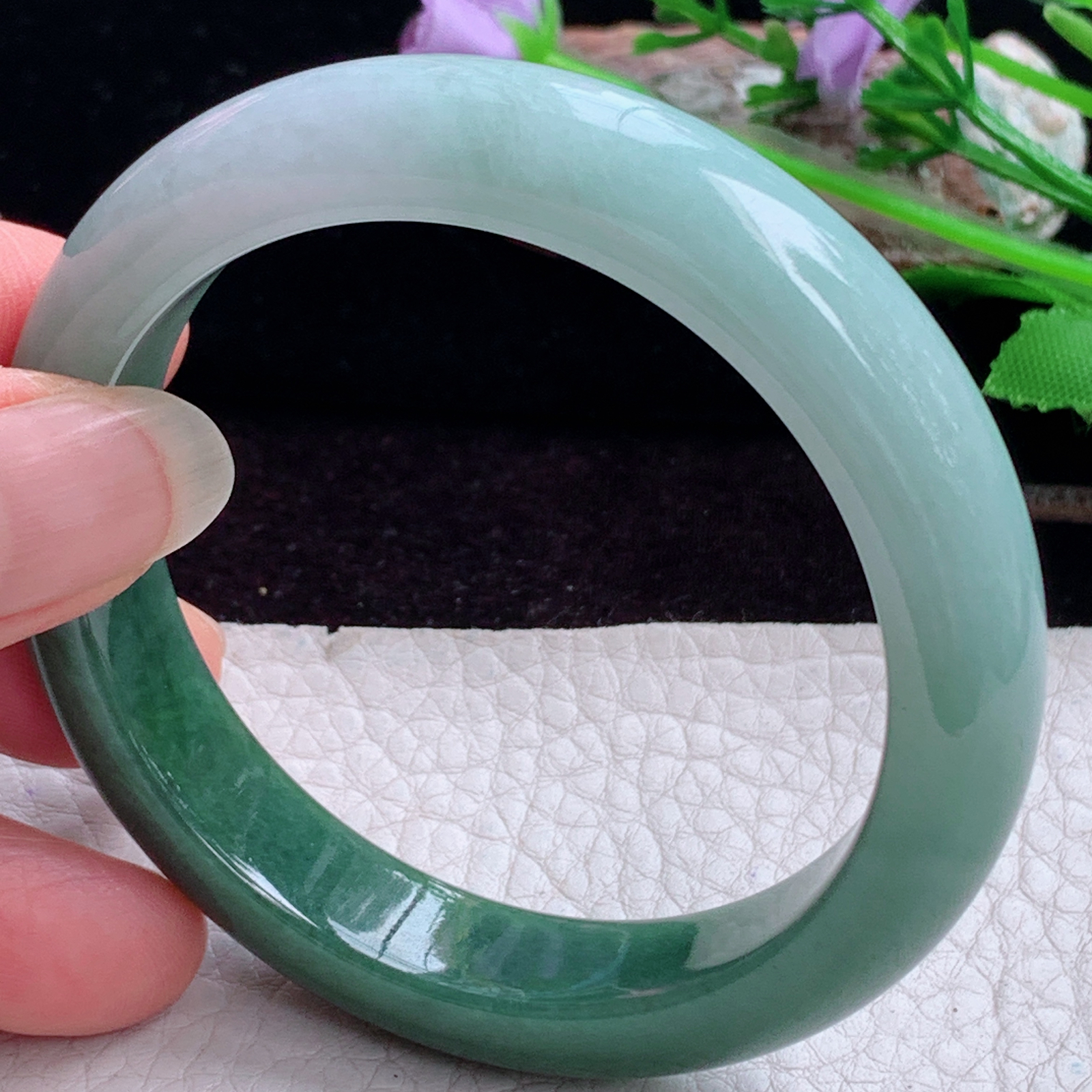 js实拍53.6*12*8.2招财镯 天然缅甸翡翠手镯双彩正圈玉镯子