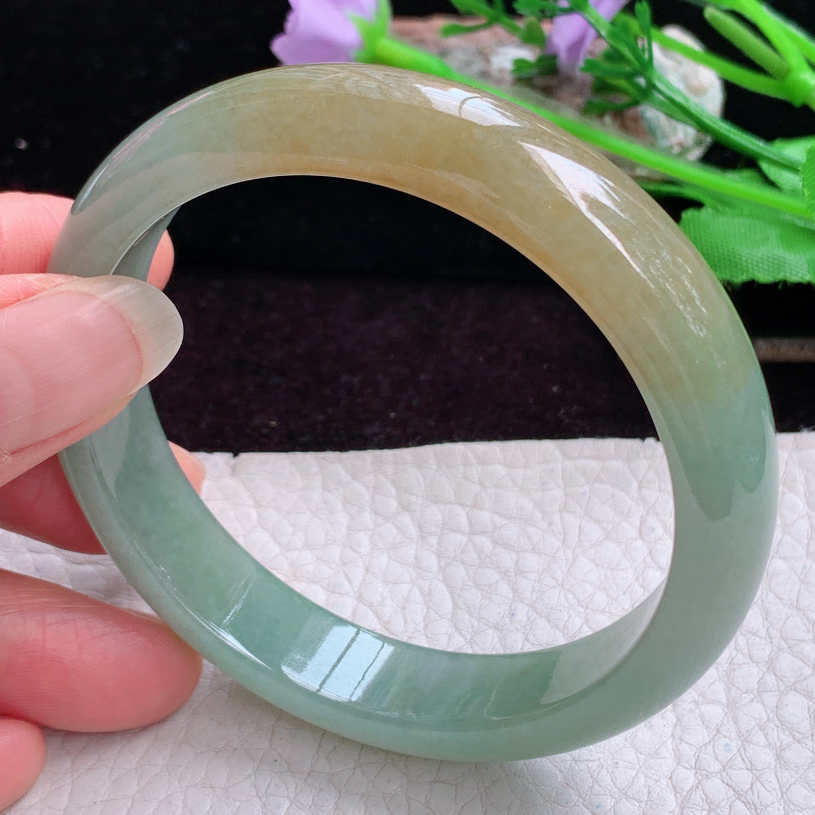 h实拍57.5*12.2*7.3招财镯 特色天然缅甸翡翠手镯冰双彩正圈玉镯子