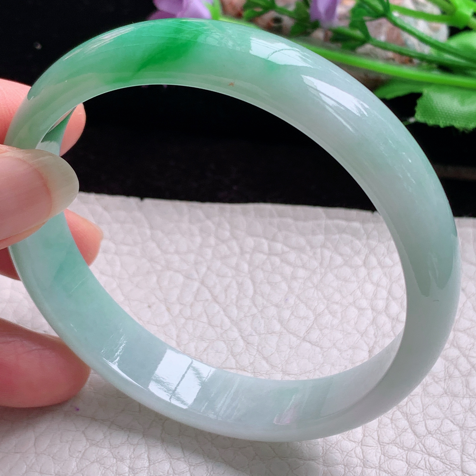 hy大圈口61.5*13*6.3平安镯 天然缅甸翡翠手镯胶感飘阳绿正圈玉镯子