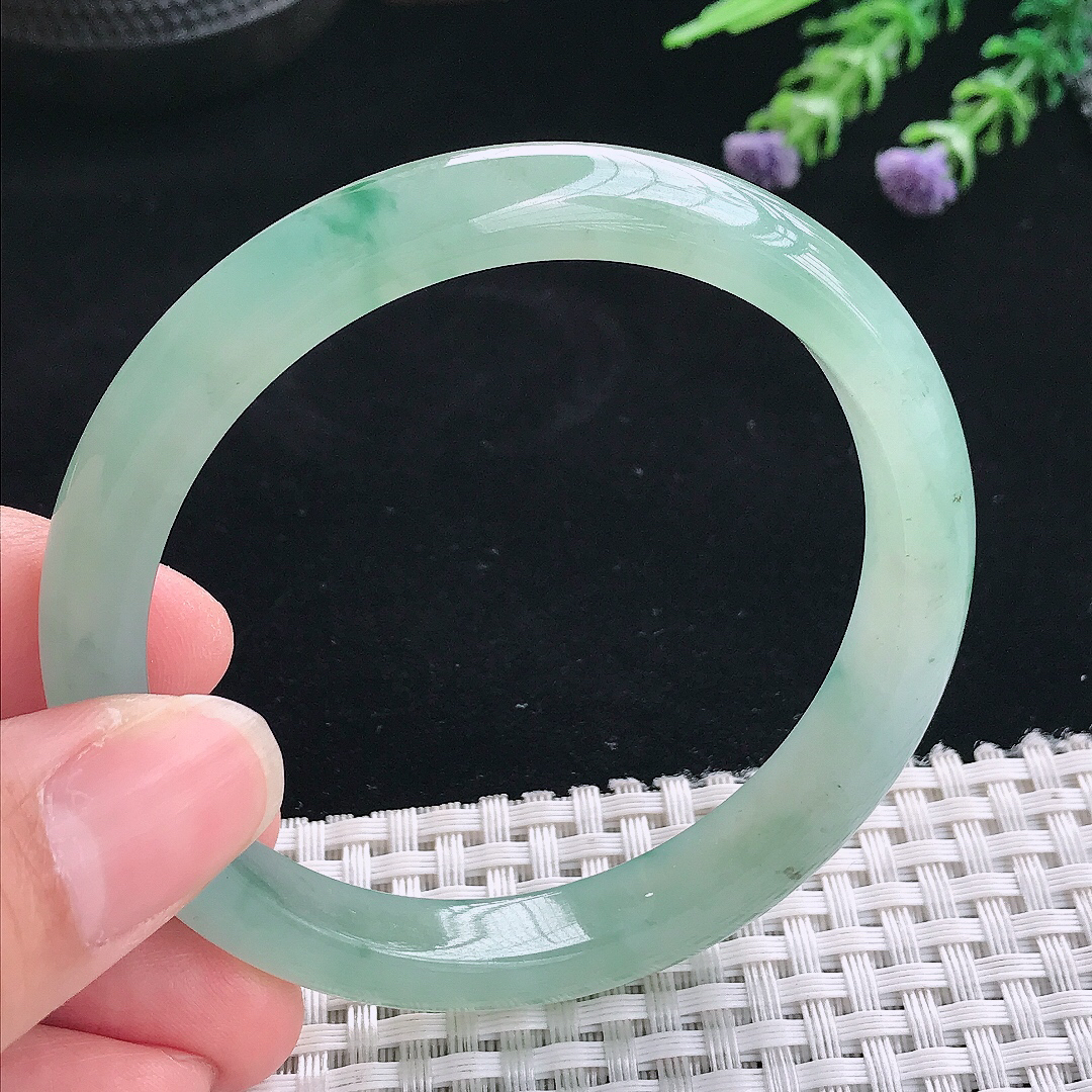 实拍A货翡翠57.5/9.6/7.5老坑冰胶水灵晴绿手镯翡翠玉镯手环