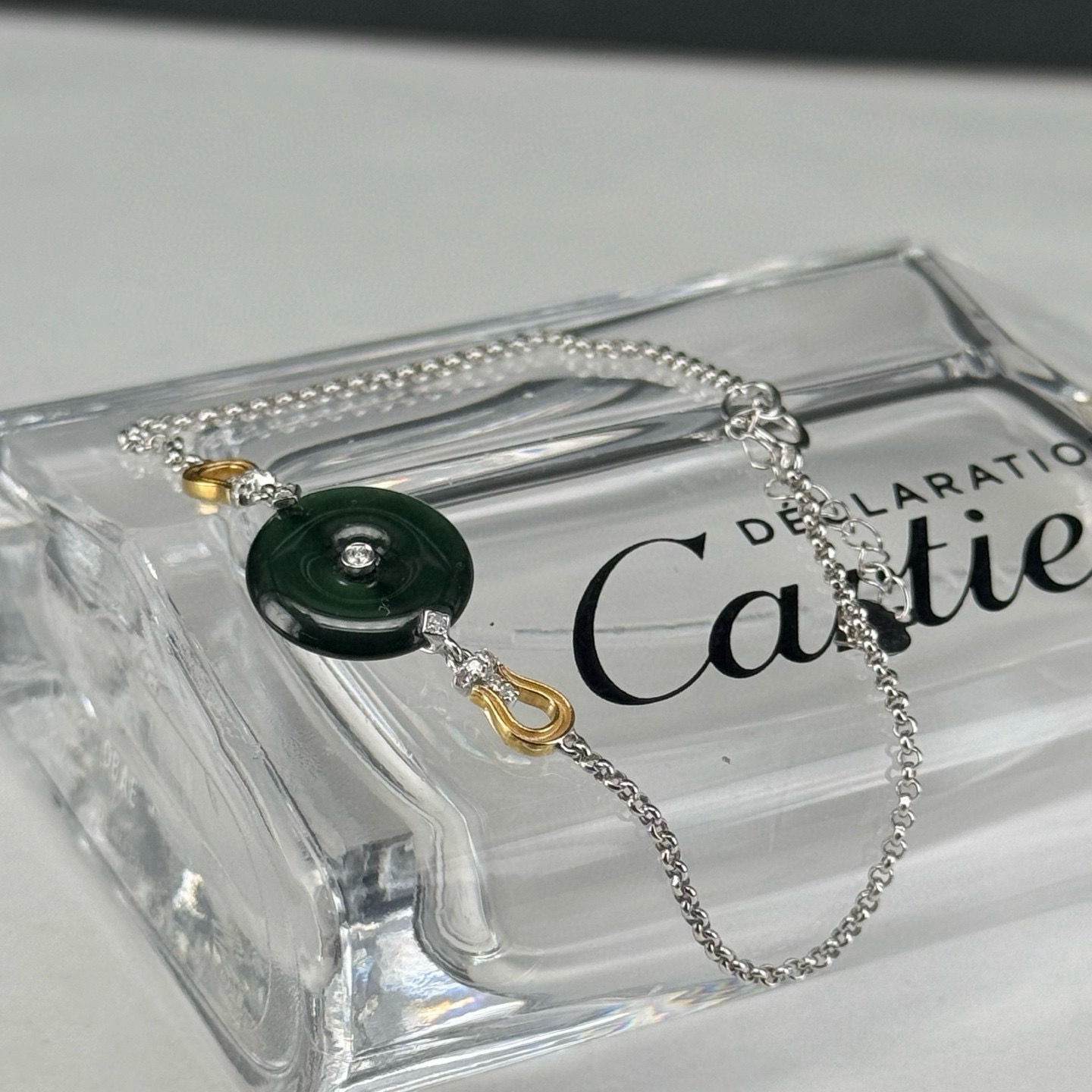 精品18k墨翠平安扣手链 种好色正 黑度极好 打灯通透 油性十足  尺寸13.4