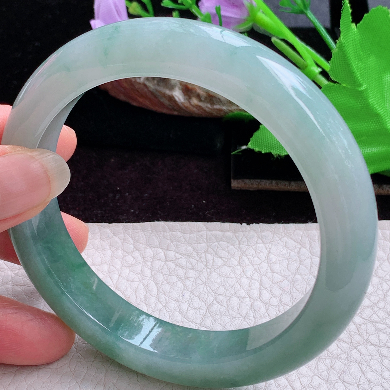 xc大圈口63.8*13*10招财镯 天然缅甸翡翠手镯冰胶半山水正圈玉镯子