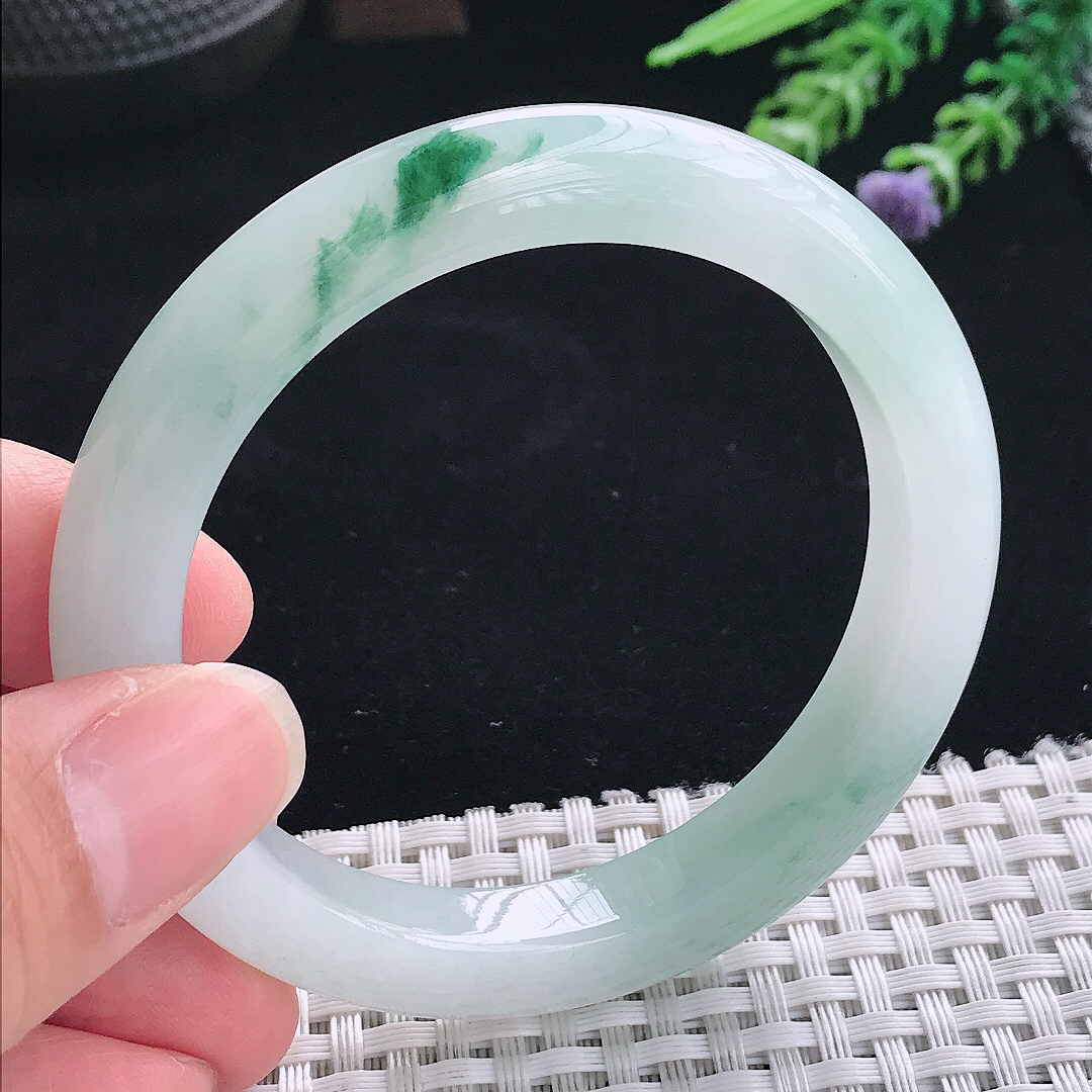 实拍A货翡翠54/9.4/8.8老坑冰胶果冻冰飘花手镯翡翠玉镯手环