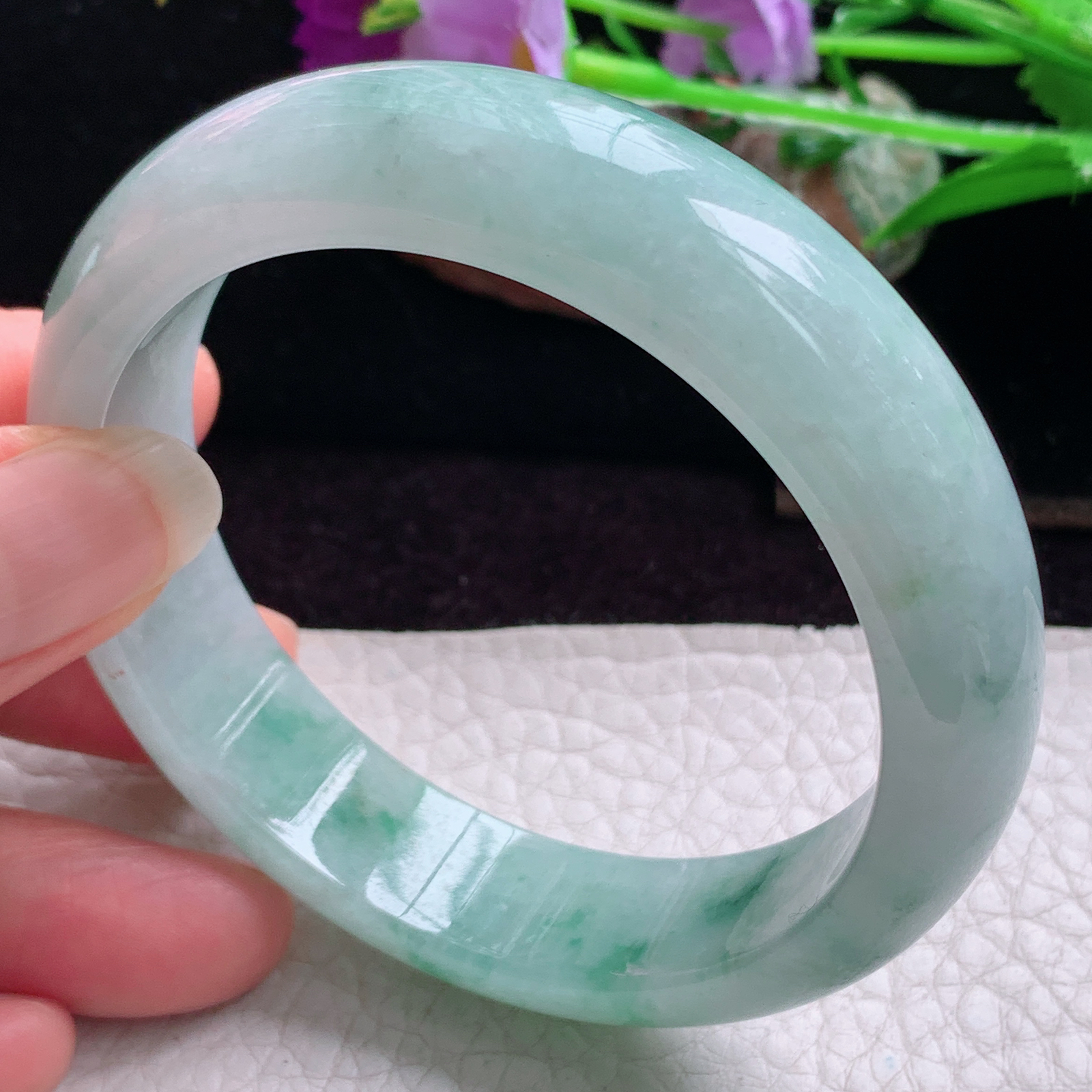 hy实拍57.8*14.5*8.3平安镯 天然缅甸翡翠手镯胶感飘花正圈玉镯子