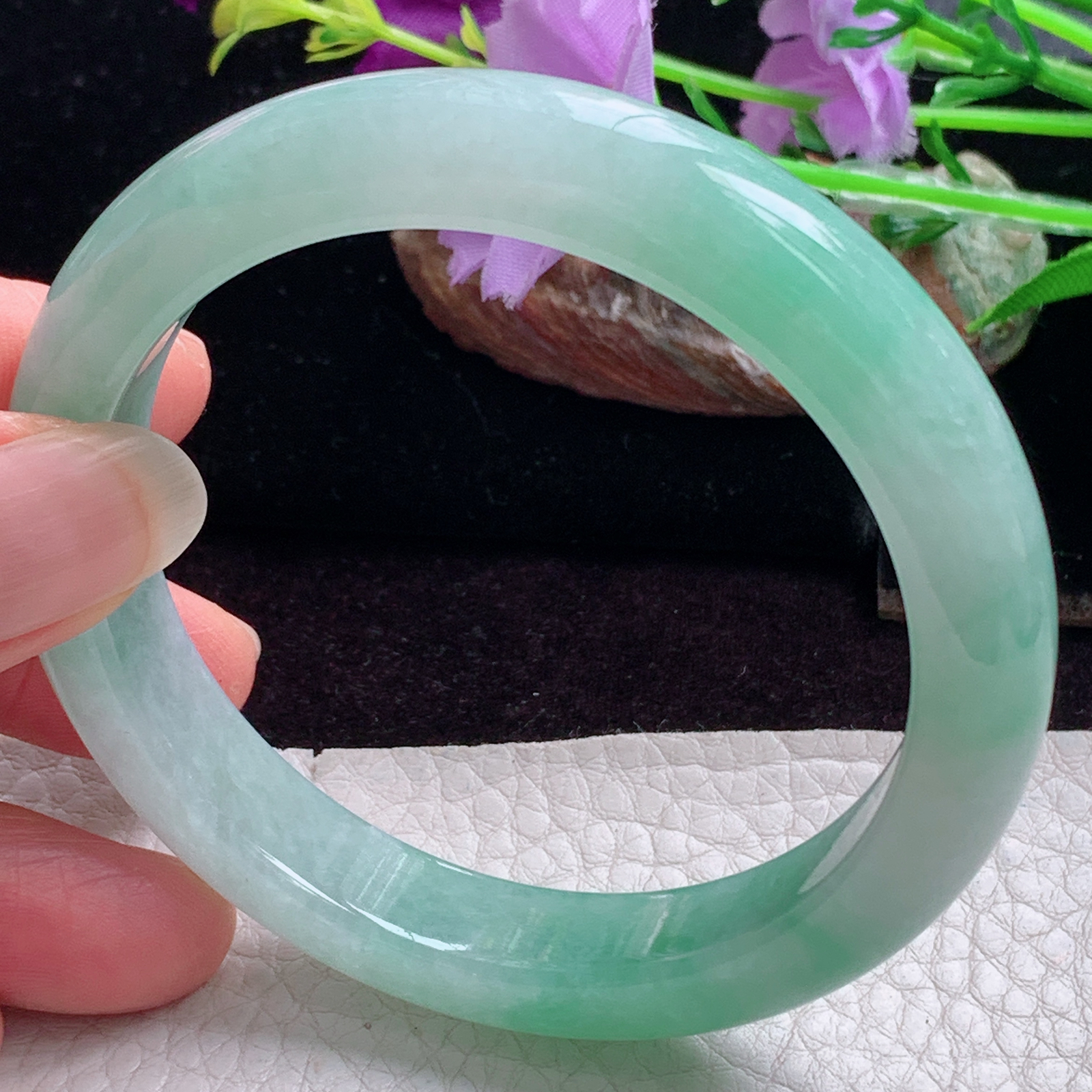 hy实拍57.5*11.3*8平安镯 天然缅甸翡翠手镯冰胶飘花正圈玉镯子