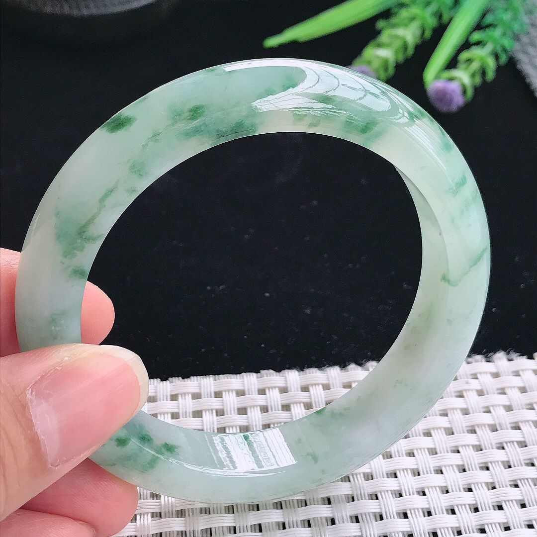 实拍A货翡翠57.9/12.6/9老坑冰胶果冻冰飘花手镯翡翠玉镯手环