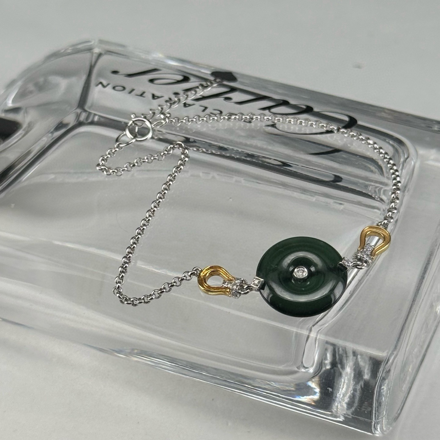 精品18k墨翠平安扣手链 种好色正 黑度极好 打灯通透 油性十足  尺寸13.4