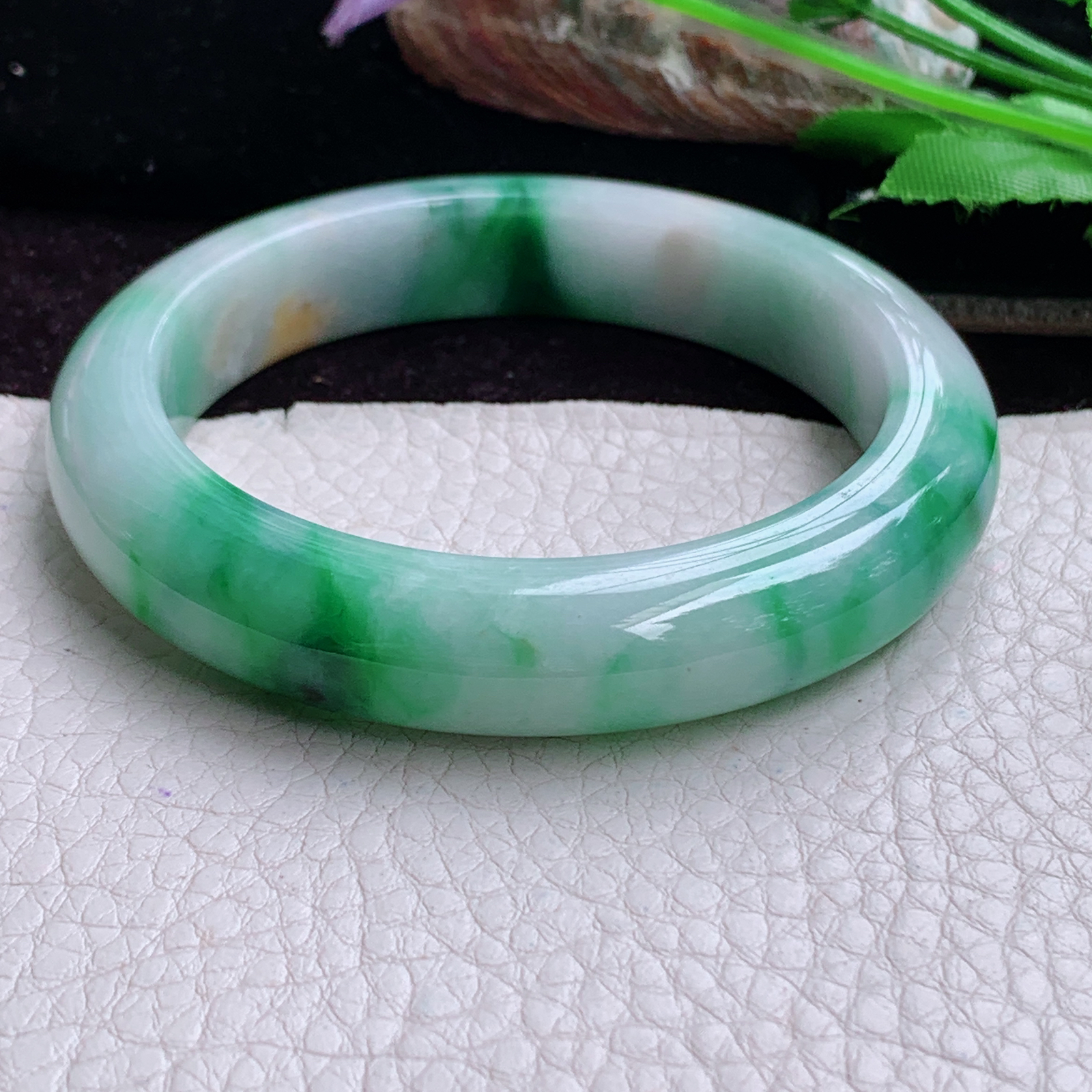 h实拍57*12.5*9.2平安镯 天然缅甸翡翠手镯三彩厚装正圈玉镯子