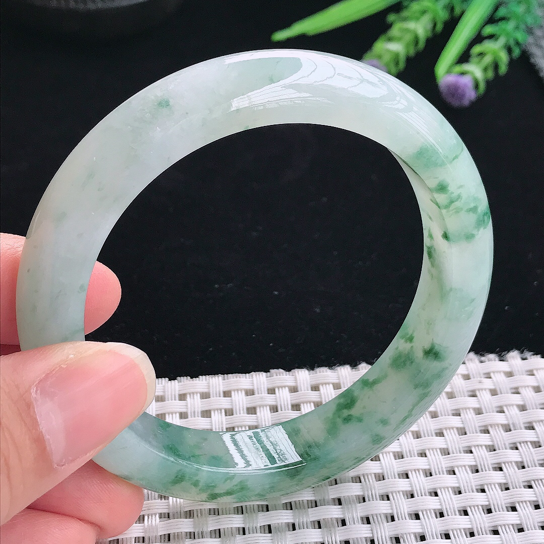 实拍A货翡翠57.9/12.6/9老坑冰胶果冻冰飘花手镯翡翠玉镯手环