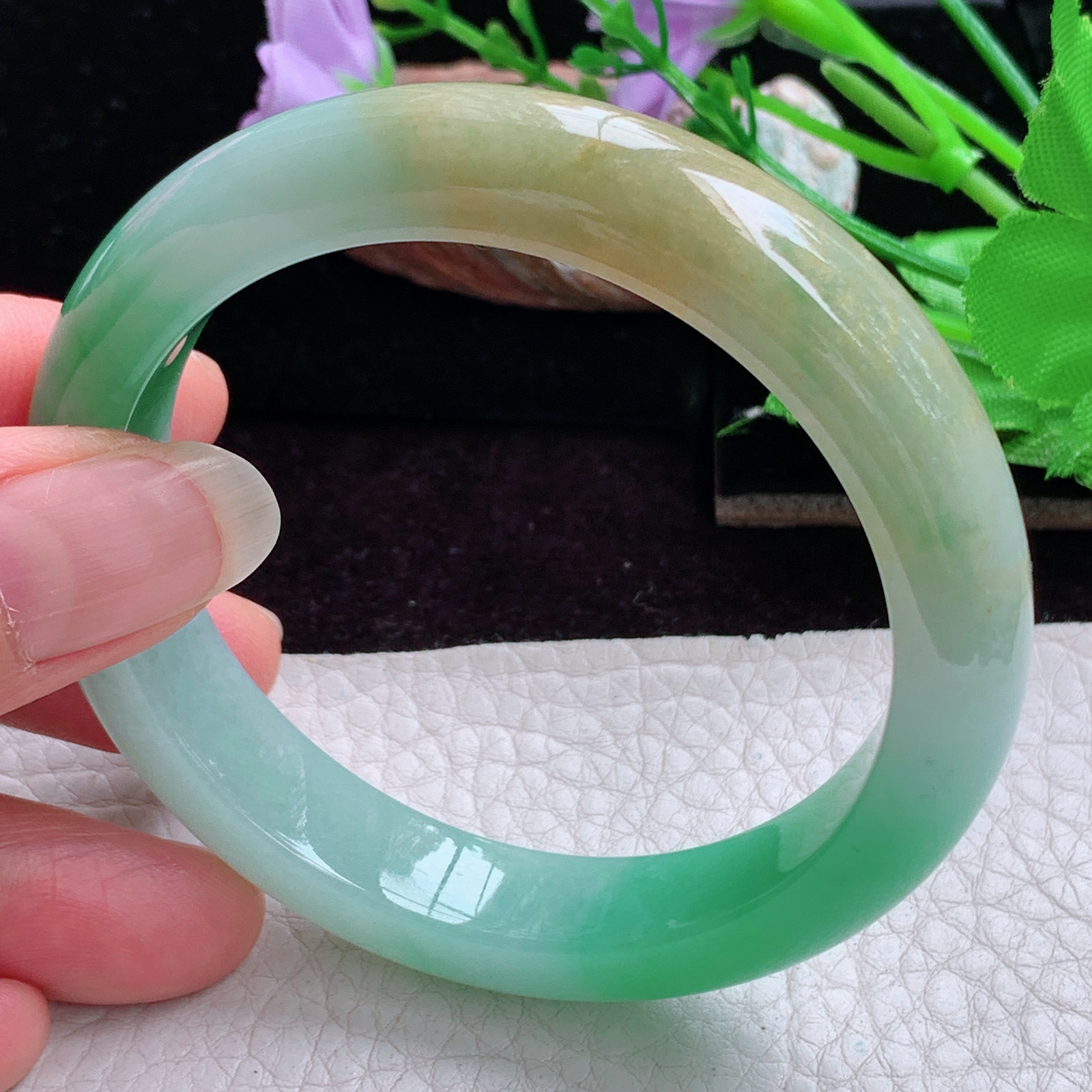 h实拍56*11.6*8.6招财镯 天然缅甸翡翠手镯冰胶三彩正圈玉镯子