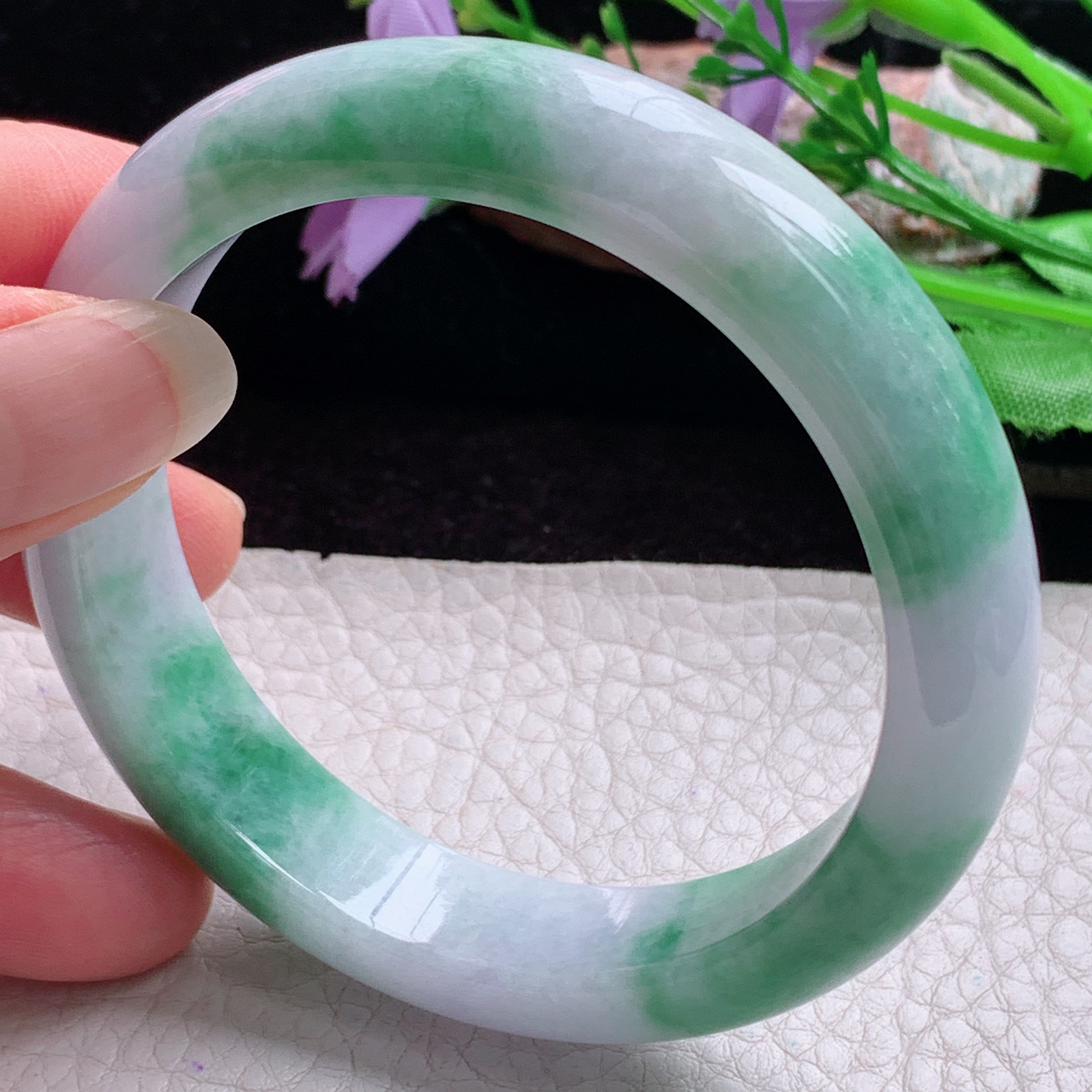 hy实拍56*13*8平安镯 天然缅甸翡翠手镯胶感飘花正圈玉镯子