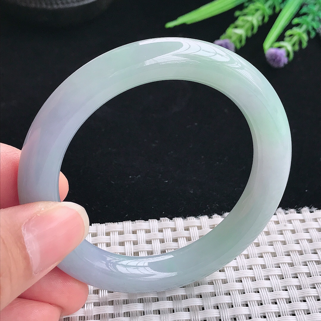 实拍A货翡翠53.5/10.1/10老坑冰胶果冻紫罗兰圆条手镯翡翠玉镯手环
