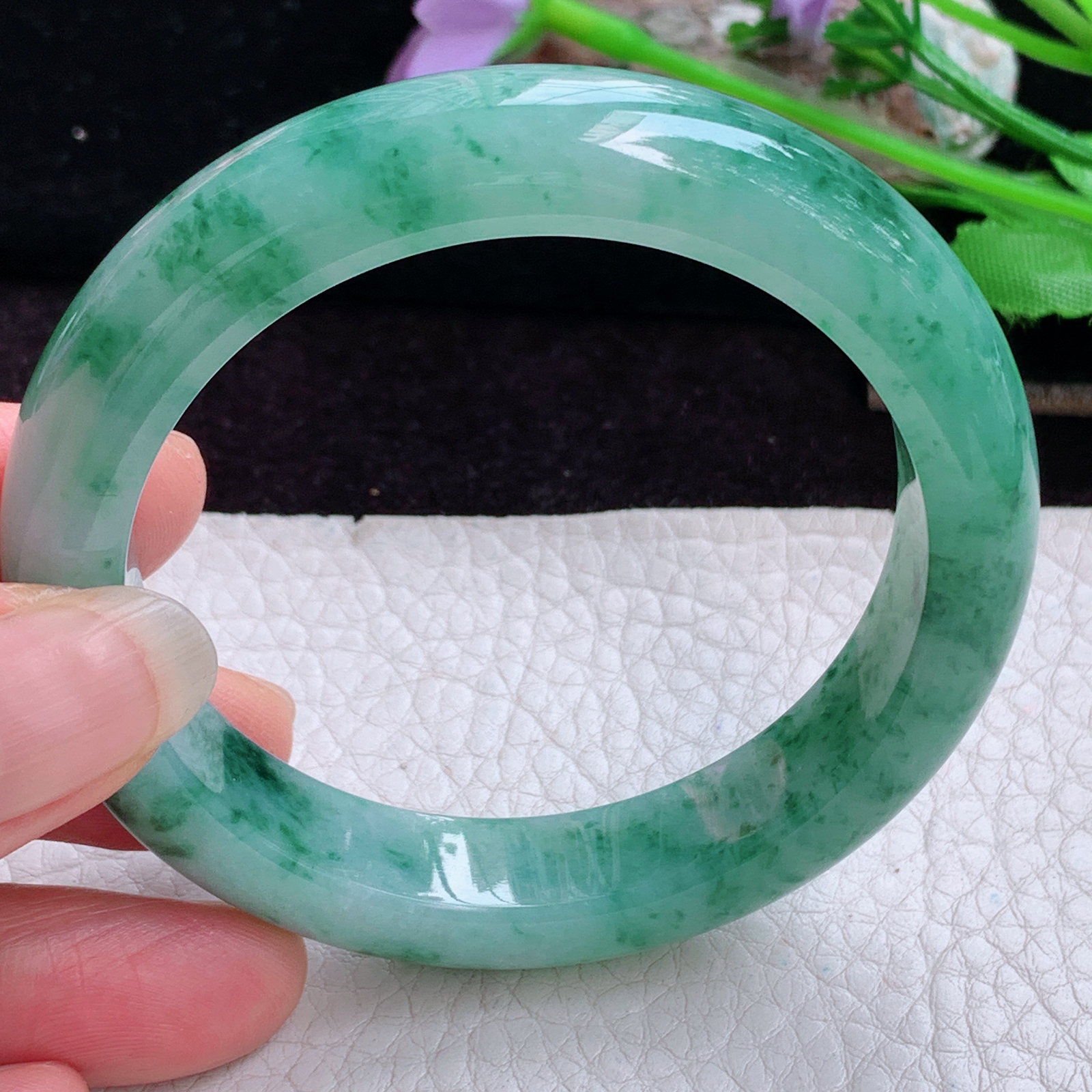 pj实拍54*12*8.5平安镯 天然缅甸翡翠手镯飘花正圈玉镯子