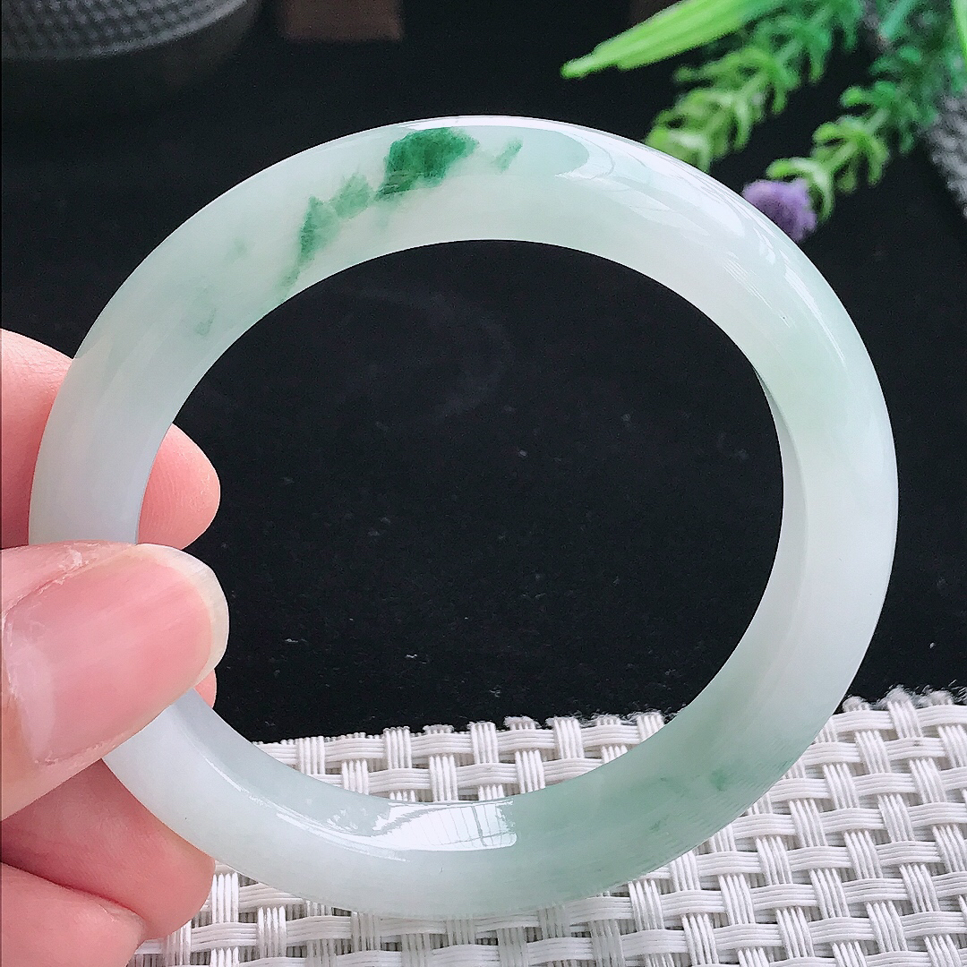 实拍A货翡翠54/9.4/8.8老坑冰胶果冻冰飘花手镯翡翠玉镯手环