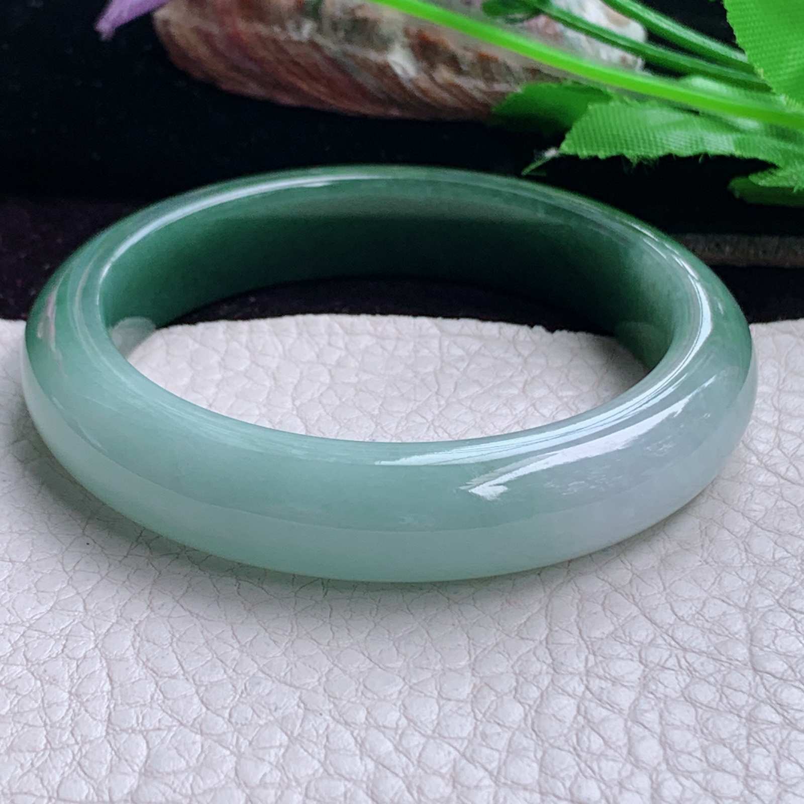 js实拍53.6*12*8.2招财镯 天然缅甸翡翠手镯双彩正圈玉镯子