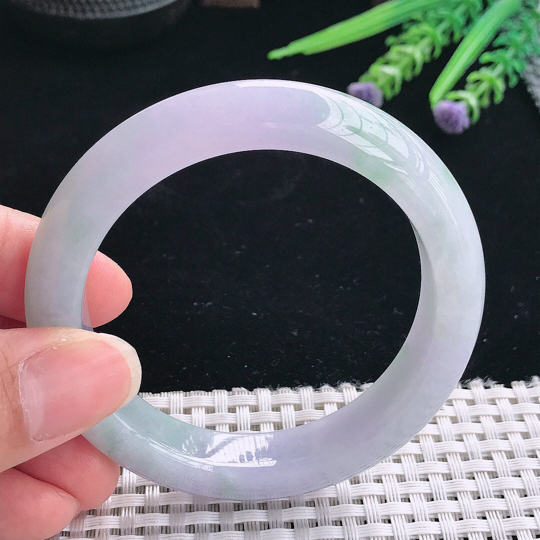 实拍A货翡翠54.5/12.3/9老坑冰胶水灵紫罗兰手镯翡翠玉镯手环