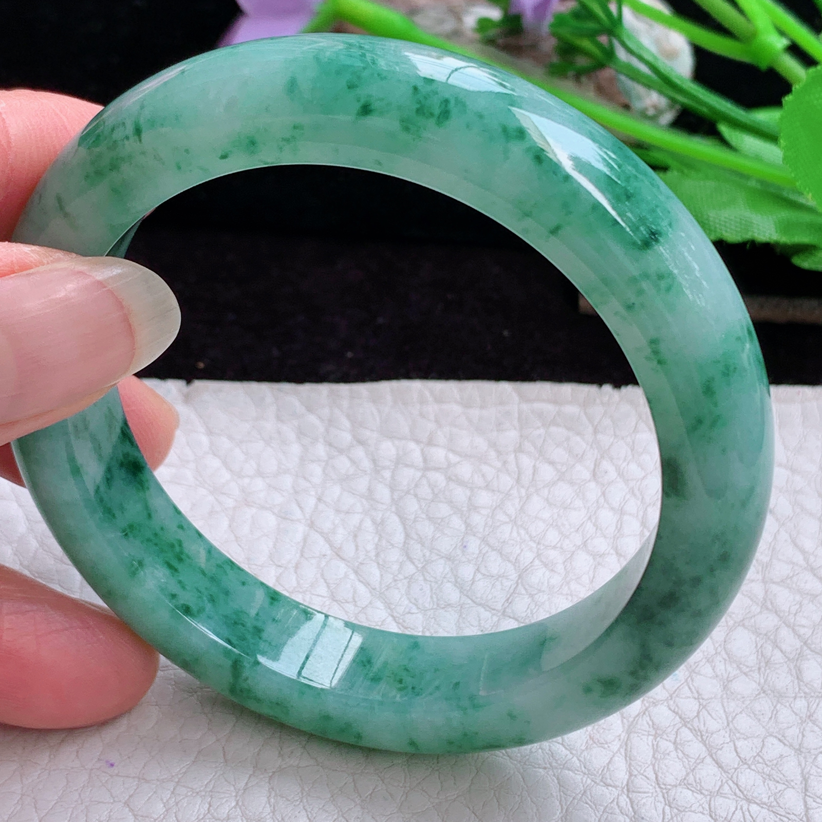 pj实拍54*12*8.5平安镯 天然缅甸翡翠手镯飘花正圈玉镯子